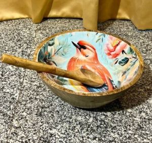 Epoxy Resin Interior Brid Printed Deep Wooden Salad Bowl