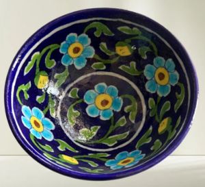 Ceramic Polished Flower Printed Blue Pottery Bowl 6 Inches