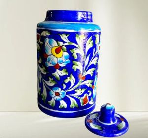 Ceramic Polished Flower Printed Blue Pottery Jar, Shape : Round