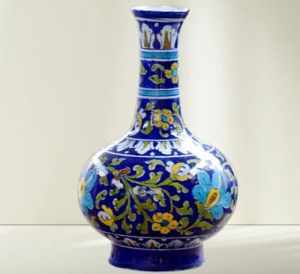 Polished Flower Printed Blue Pottery Vase, Packaging Type : Box