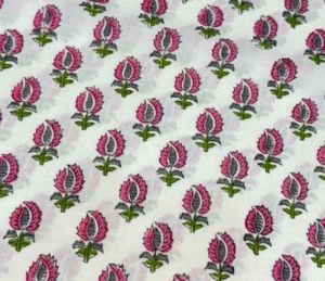 Hand Block White Pink Blossom Fabric