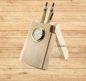 Wooden Pen Holder with Clock