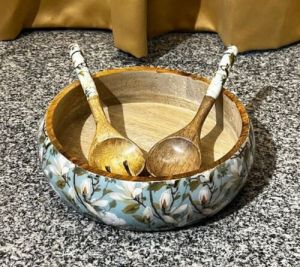 Wooden Salad Bowl with Spoon and Fork