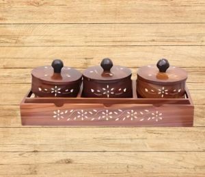 Wooden Tray with Container Set, Color : Brown 14 X 12.7 X 12.7 Cm