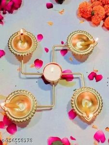 Antique Gold Metal Swastik Frame with Five Diya for Pooja, Diwali Decor