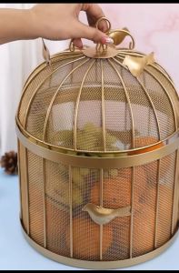 Golden Mesh Birdcage Fruit Holder with Decorative Birds