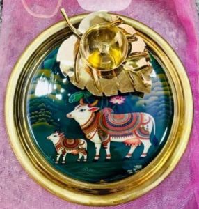 Metallic Pichwai Cow Art Decor Plate Set with Leaf Accent