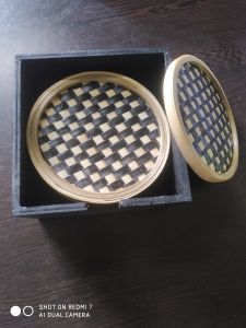 Matte Polish Round Checkered Bamboo Coaster Set 4-inch Diameter