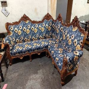 5 Seater Blue and Brown L Shape Wooden Sofa
