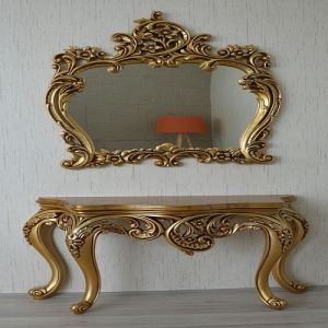 Antique Golden Wooden Console Table With Mirror