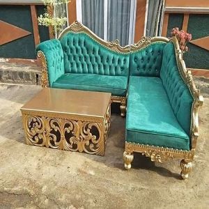 Green and Golden L Shape Wooden Sofa Set