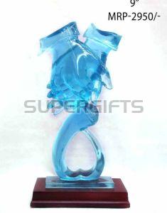 Blye Crystal Hand Shakes Trophy, Color : Blue