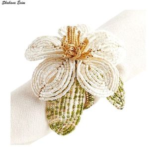 Handmade Beaded Flower Napkin Ring, Color : White, Gold