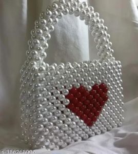 Heart Design Elegant Pearl Beaded Handbag