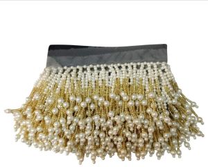 Pearl and Golden Beaded Fringe Lace Trim