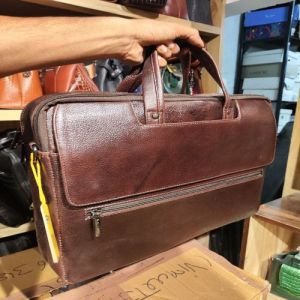 Brown Leather Briefcase with Laptop & Travel Pockets