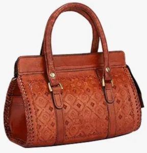 Hand Tooled Cognac Leather Bowling Bag Style Handbag