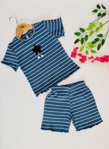 Girls Blue Striped Top &AMP; Shorts Set