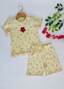 Girls Floral Print Ribbed T-shirt and Shorts Set