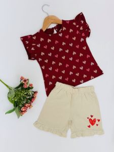 Girls Heart Print T-shirt with Shorts