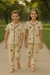 Kids Checkered Boat Print Cotton Pajama Set