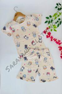 Girls Cat Print T-shirt and Shorts Set