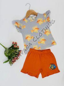 Cotton Blend Girls Fish Print T-shirt with Shorts
