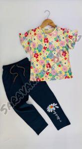 Girls Floral Print T-shirt & Navy Blue Pajama Set