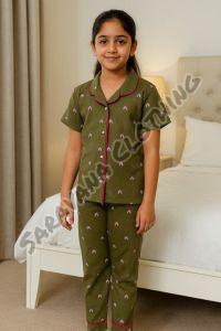 Kids Olive Green Ribbed Rainbow Print Pajama Set