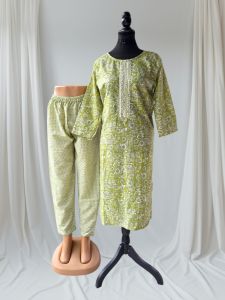 Light Green Printed Cotton Kurti Pant Set