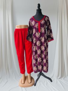 Wine Red Printed Rayon Kurti Pant Set