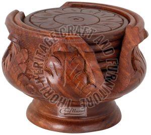 Polished Mango Carved Wooden Coaster Set Standard