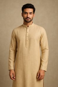Mens Cotton Blend Beige Textured Kurta with Band Collar