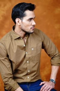 Mens Cotton Blend Brown Casual Emblem Shirt