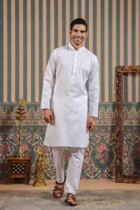 Mens Cotton Blend White Kurta Churidar Set with Button Placket