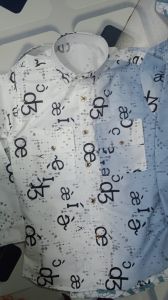 Mens Cotton Blend White Symbol Print Shirt with Mandarin Collar