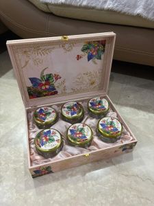 Printed Polished Wood Six Glass Jar Boxes, Color : Brown Antique