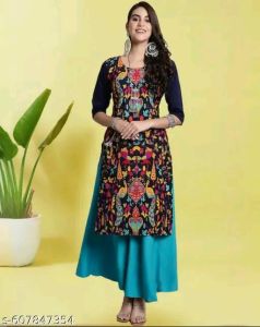 Printed Cotton blue Ladies Kurti Set, Color : Black