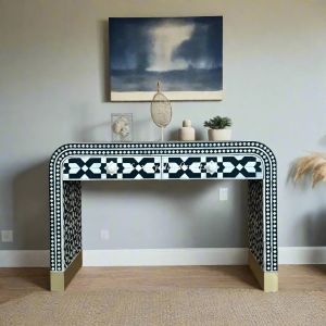 Black Moroccan Bone Inlay Waterfall 2 Drawers Console Table