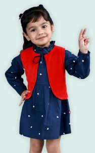 Blue Dress With Red Jacket For Baby Girls