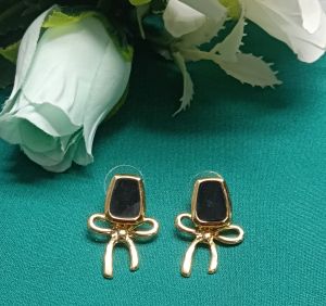 Alloy Black Stone and Gold-Toned Bow Earrings, Brand Name : NIPSTec