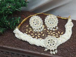 Braided White Beaded Choker Necklace Set