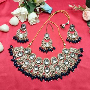Gold Plated Kundan Necklace Set with Blue Beads