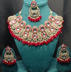 Kundan Gold-Tone Choker Necklace Sets, Color : Red