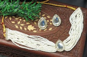 White Beaded Choker Necklace and Earring Set