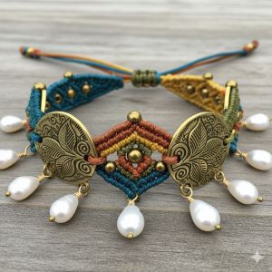 Bohemian Brass & Thread Bracelet with Pearl Drops