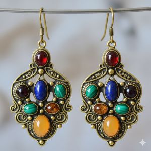Brass Earrings with Colored Stones