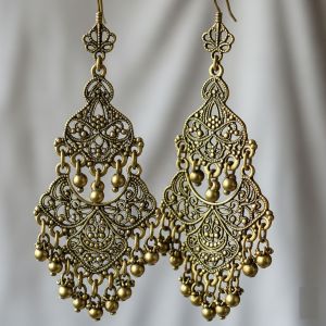 Intricately Carved Brass Chandelier Earrings