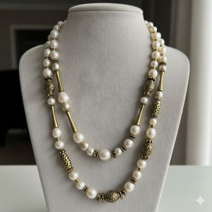Long Pearl & Brass Beaded Necklace
