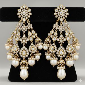 Luxury Polki Style & Pearl Drop Chandelier Earrings